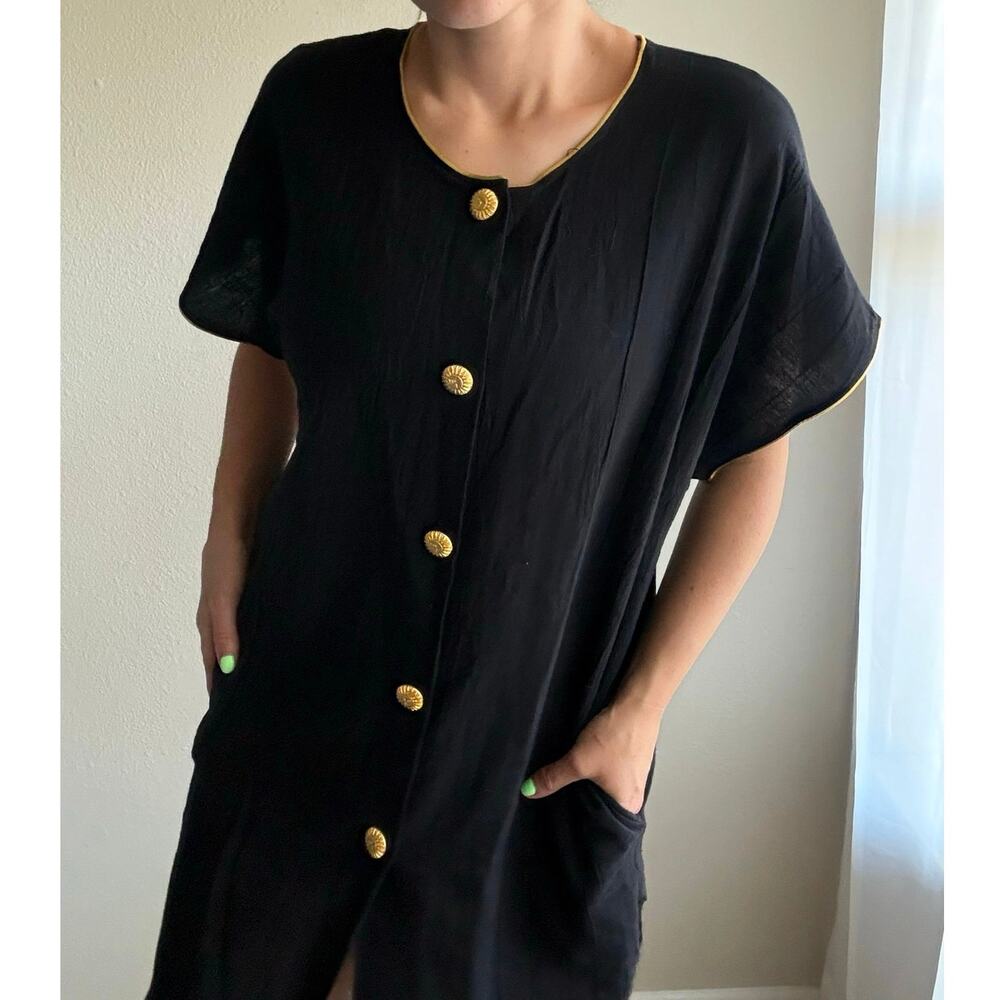 Vtg 90s Black Gold Swim Cover Up sunburst buttons summer beach vacation resort